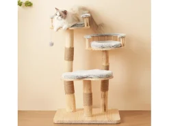 Árvore para Gatos - 60 x 48 x 98 cm - com Trampolim de 3 Níveis + Almofadas Removíveis + Bolas de Brinquedo - Madeira - Cinza