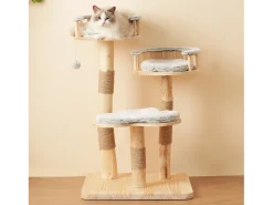 Árvore para Gatos - 60 x 48 x 98 cm - com Trampolim de 3 Níveis + Almofadas Removíveis + Bolas de Brinquedo - Madeira - Cinza