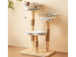 Árvore para Gatos - 60 x 48 x 98 cm - com Trampolim de 3 Níveis + Almofadas Removíveis + Bolas de Brinquedo - Madeira - Cinza
