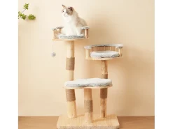 Árvore para Gatos - 60 x 48 x 98 cm - com Trampolim de 3 Níveis + Almofadas Removíveis + Bolas de Brinquedo - Madeira - Cinza