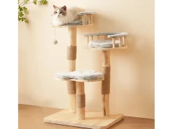 Árvore para Gatos - 60 x 48 x 98 cm - com Trampolim de 3 Níveis + Almofadas Removíveis + Bolas de Brinquedo - Madeira - Cinza