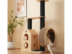 Árvore para Gatos com Roda de Exercícios - 80 x 40 x 152 cm - com 4 Plataformas + 2 Casinhas + Tapete Arranhador - Madeira - Natural