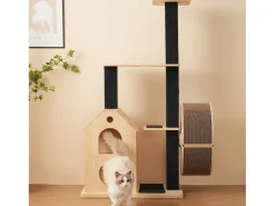 Árvore para Gatos com Roda de Exercícios - 80 x 40 x 152 cm - com 4 Plataformas + 2 Casinhas + Tapete Arranhador - Madeira - Natural