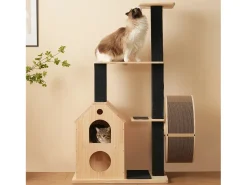 Árvore para Gatos com Roda de Exercícios - 80 x 40 x 152 cm - com 4 Plataformas + 2 Casinhas + Tapete Arranhador - Madeira - Natural