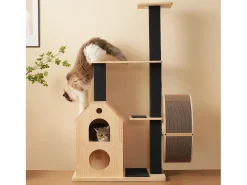 Árvore para Gatos com Roda de Exercícios - 80 x 40 x 152 cm - com 4 Plataformas + 2 Casinhas + Tapete Arranhador - Madeira - Natural