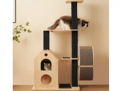Árvore para Gatos com Roda de Exercícios - 80 x 40 x 152 cm - com 4 Plataformas + 2 Casinhas + Tapete Arranhador - Madeira - Natural
