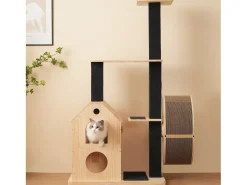 Árvore para Gatos com Roda de Exercícios - 80 x 40 x 152 cm - com 4 Plataformas + 2 Casinhas + Tapete Arranhador - Madeira - Natural