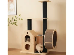 Árvore para Gatos com Roda de Exercícios - 80 x 40 x 152 cm - com 4 Plataformas + 2 Casinhas + Tapete Arranhador - Madeira - Natural