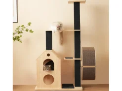 Árvore para Gatos com Roda de Exercícios - 80 x 40 x 152 cm - com 4 Plataformas + 2 Casinhas + Tapete Arranhador - Madeira - Natural