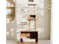 Árvore para gatos 80x50x173 cm - com arranhador e casinha para gatos - com 2 tigelas - caixa de areia - 1 rede - natural