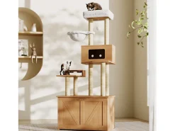 Árvore para gatos 80x50x173 cm - com arranhador e casinha para gatos - com 2 tigelas - caixa de areia - 1 rede - natural