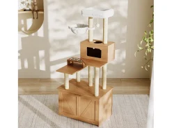 Árvore para gatos 80x50x173 cm - com arranhador e casinha para gatos - com 2 tigelas - caixa de areia - 1 rede - natural