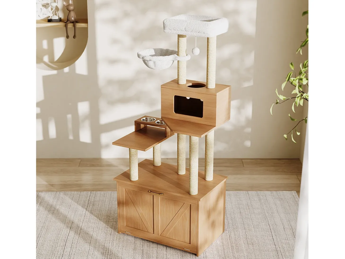 Árvore para gatos 80x50x173 cm - com arranhador e casinha para gatos - com 2 tigelas - caixa de areia - 1 rede - natural