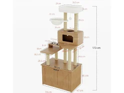 Árvore para gatos 80x50x173 cm - com arranhador e casinha para gatos - com 2 tigelas - caixa de areia - 1 rede - natural