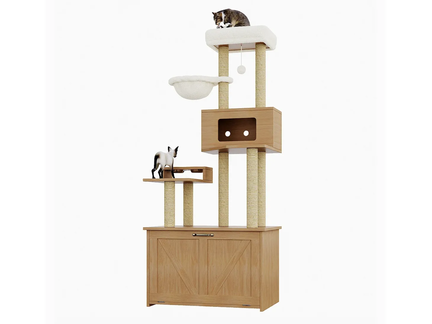 Árvore para gatos 80x50x173 cm - com arranhador e casinha para gatos - com 2 tigelas - caixa de areia - 1 rede - natural