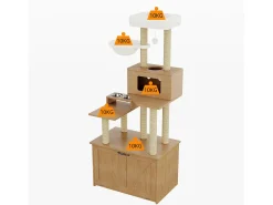Árvore para gatos 80x50x173 cm - com arranhador e casinha para gatos - com 2 tigelas - caixa de areia - 1 rede - natural
