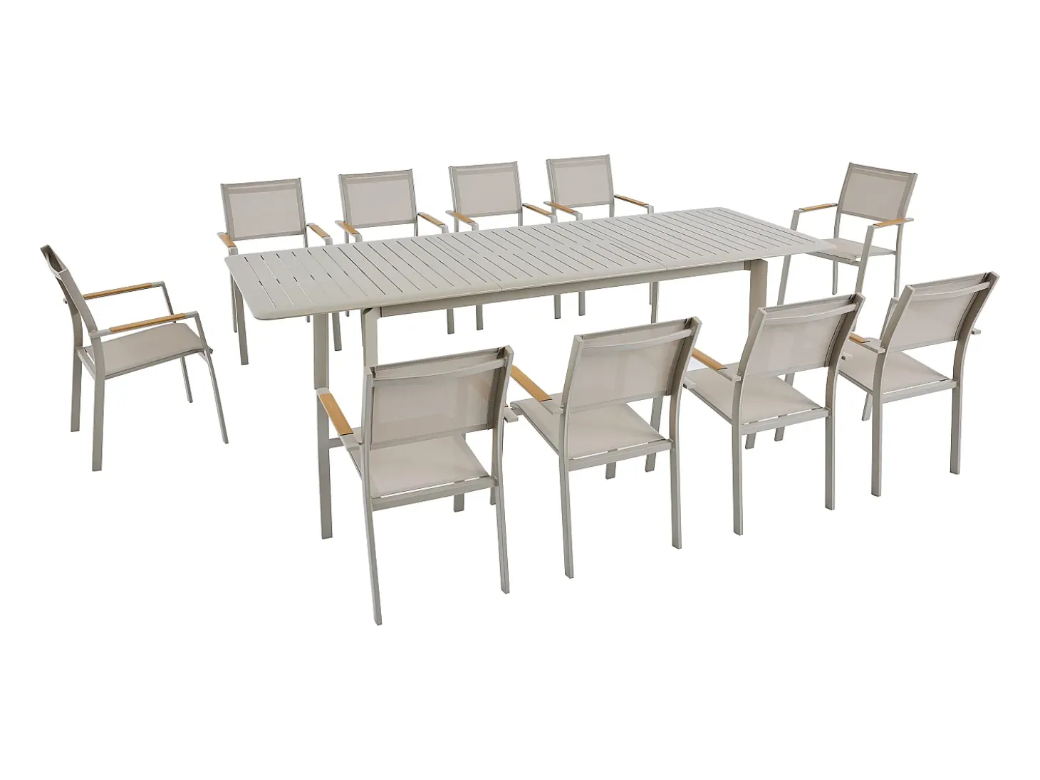 Sala de jantar de jardim em alumínio: uma mesa extensível C.205/286.5 cm e 10 cadeiras empilháveis - Taupe - MACILA da MYLIA
