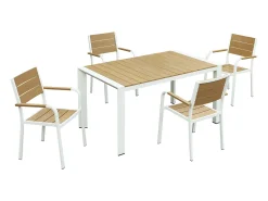Sala de jantar de jardim em alumínio: uma mesa C.150 cm e 4 cadeiras empilháveis - Natural claro e branco - NYROS de MYLIA