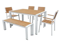 Sala de jantar de jardim em alumínio: uma mesa C.150 cm, 4 cadeirões e 1 banco - Natural claro e branco - NYROS de MYLIA