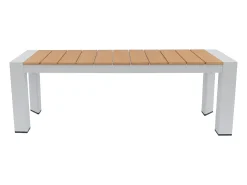Sala de jantar de jardim em alumínio: uma mesa C.150 cm, 4 cadeirões e 1 banco - Natural claro e branco - NYROS de MYLIA