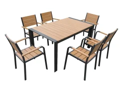 Sala de jantar de jardim em alumínio: uma mesa L.150 cm e 6 cadeiras empilháveis - Natural claro e antracite - NYROS de MYLIA