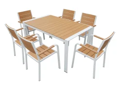 Sala de jantar de jardim em alumínio: uma mesa C.150 cm e 6 cadeiras empilháveis - Natural claro e branco - NYROS de MYLIA