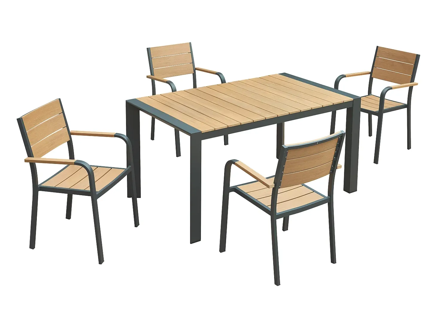 Sala de jantar de jardim em alumínio: uma mesa C.150 cm e 4 cadeirões empilháveis - Natural claro e antracite - NYROS de MYLIA