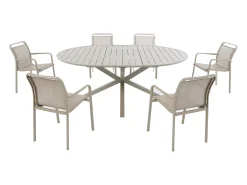 Sala de jantar de jardim em alumínio: uma mesa redonda extensível C.150/200 cm e 6 cadeiras empilháveis - Taupe - VELYRA da MYLIA