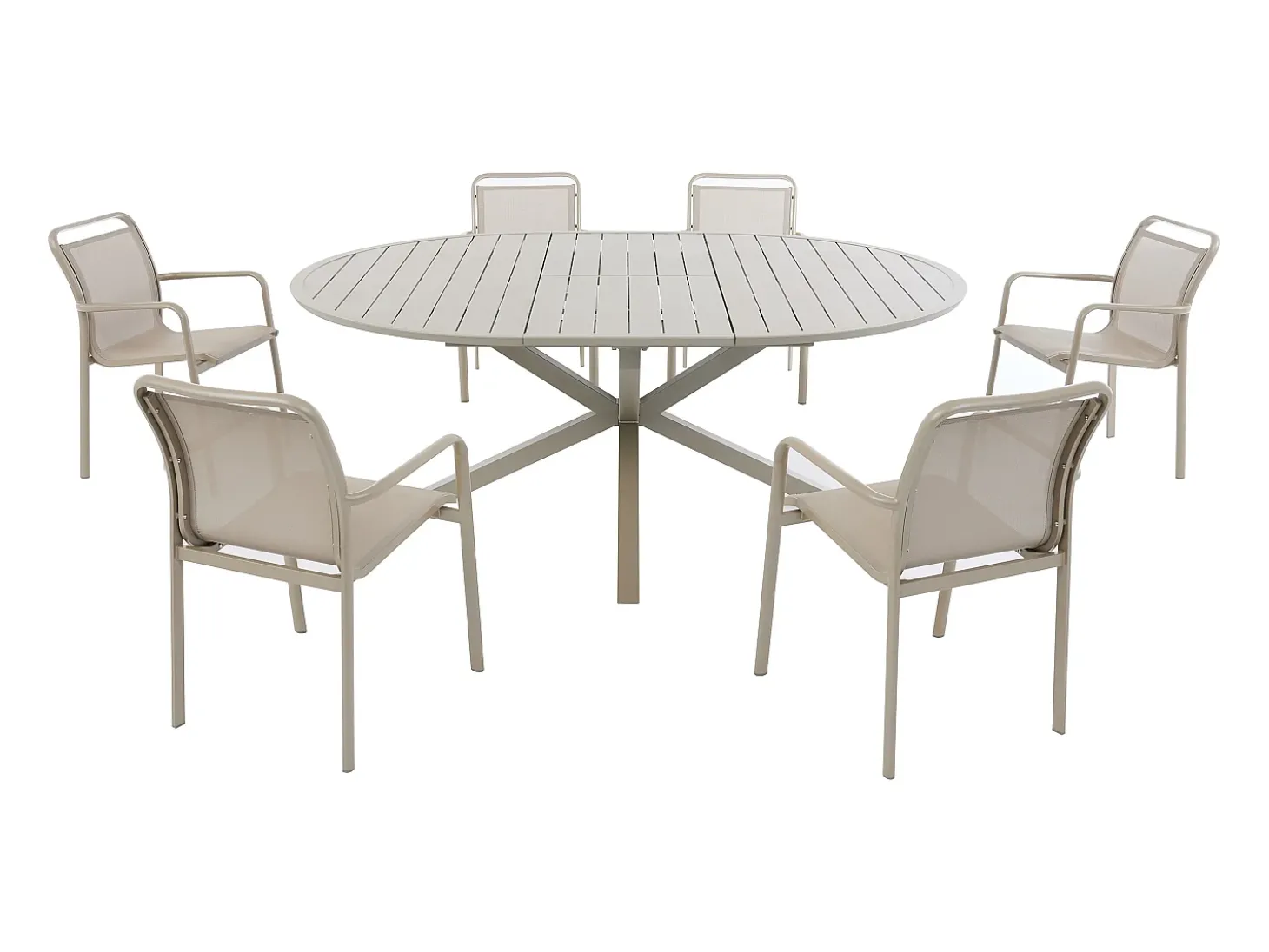Sala de jantar de jardim em alumínio: uma mesa redonda extensível C.150/200 cm e 6 cadeiras empilháveis - Taupe - VELYRA da MYLIA