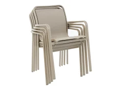 Sala de jantar de jardim em alumínio: uma mesa redonda extensível C.150/200 cm e 6 cadeiras empilháveis - Taupe - VELYRA da MYLIA