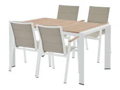Sala de jantar de jardim em alumínio: uma mesa C.150 cm e 4 poltronas empilháveis - Bege claro e branco - LIOUS da MYLIA