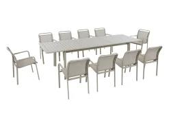 Sala de jantar de jardim em alumínio: uma mesa extensível C.205/286.5 cm e 10 cadeiras empilháveis - Taupe - VELYRA da MYLIA