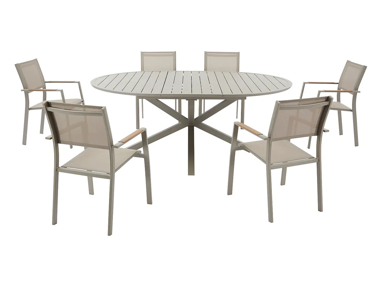 Sala de jantar de jardim em alumínio: uma mesa redonda extensível C.150/200 cm e 6 cadeiras empilháveis - Cor toupeira - YOHA da MYLIA