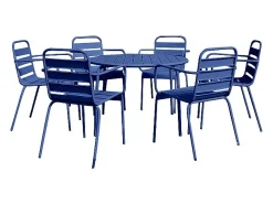 Sala de jantar de jardim em metal - uma mesa redonda D.130cm e 6 cadeiras empilháveis Azul noite - MIRMANDE de MYLIA