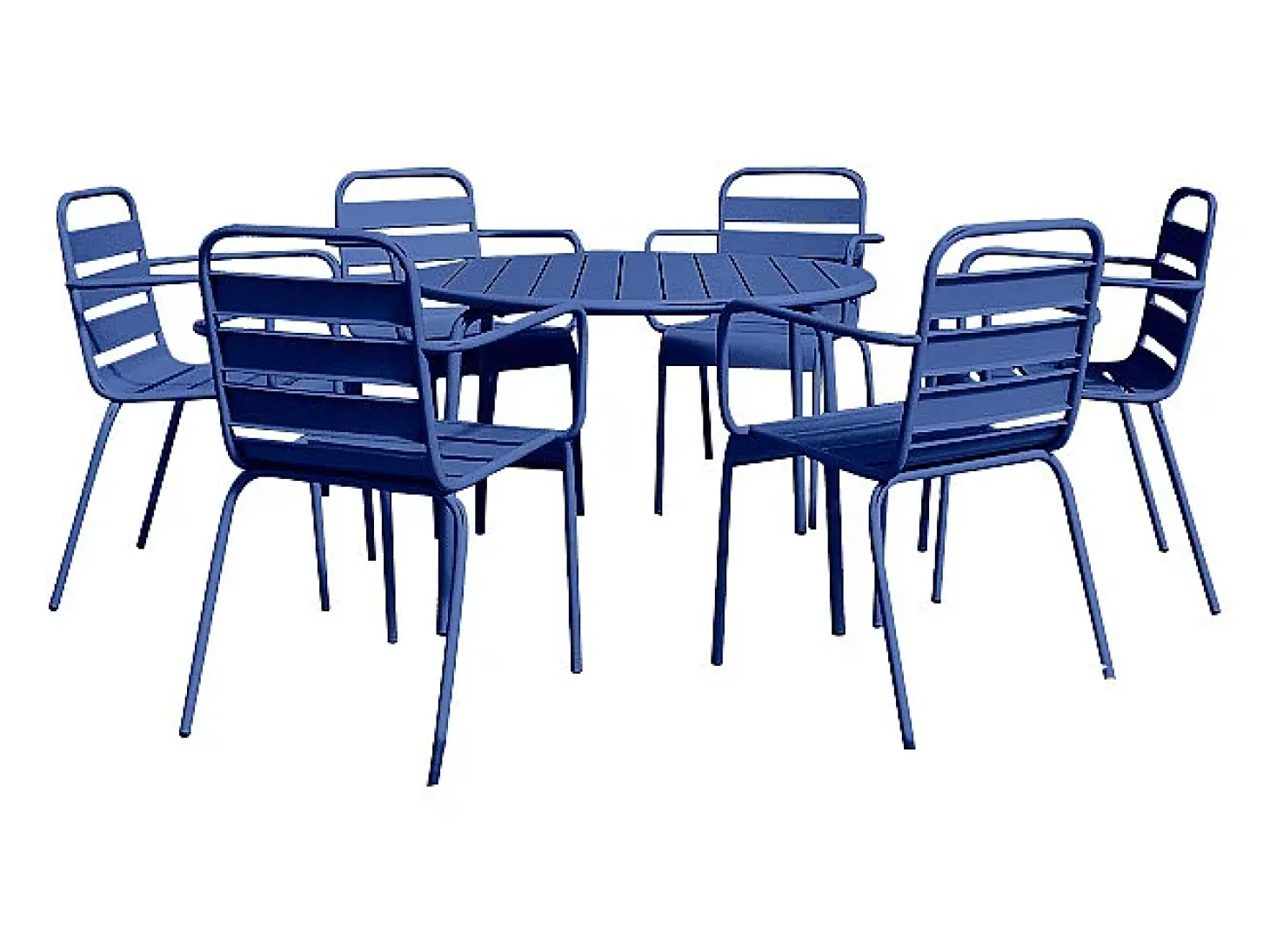 Sala de jantar de jardim em metal - uma mesa redonda D.130cm e 6 cadeiras empilháveis Azul noite - MIRMANDE de MYLIA