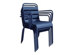 Sala de jantar de jardim em metal - uma mesa redonda D.130cm e 6 cadeiras empilháveis Azul noite - MIRMANDE de MYLIA