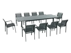 Sala de jantar de jardim em alumínio: uma mesa extensível C.205/286.5 cm e 10 cadeirões empilháveis - Cinzento escuro - VELYRA de MYLIA