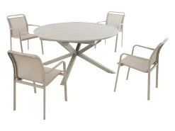 Sala de jantar de jardim em alumínio: mesa redonda extensível C.150/200 cm e 4 cadeirões empilháveis - Taupe - VELYRA da MYLIA