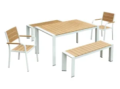 Sala de jantar de jardim em alumínio: uma mesa C.150 cm, 2 poltronas e 2 bancos - Natural claro e branco - NYROS da MYLIA