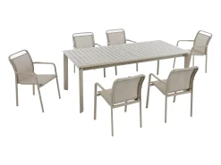 Sala de jantar de jardim em alumínio: uma mesa extensível L.205/286,5 cm e 6 cadeirões empilháveis - Taupe - VELYRA da MYLIA