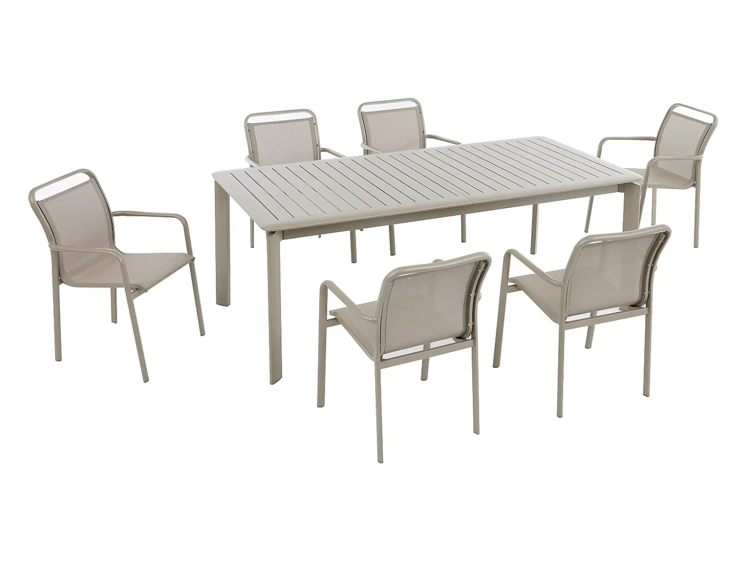 Sala de jantar de jardim em alumínio: uma mesa extensível L.205/286,5 cm e 6 cadeirões empilháveis - Taupe - VELYRA da MYLIA