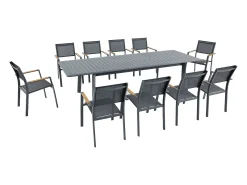 Sala de jantar de jardim em alumínio: mesa extensível C.205/286,5 cm e 10 cadeirões empilháveis - Antracite - MACILA da MYLIA