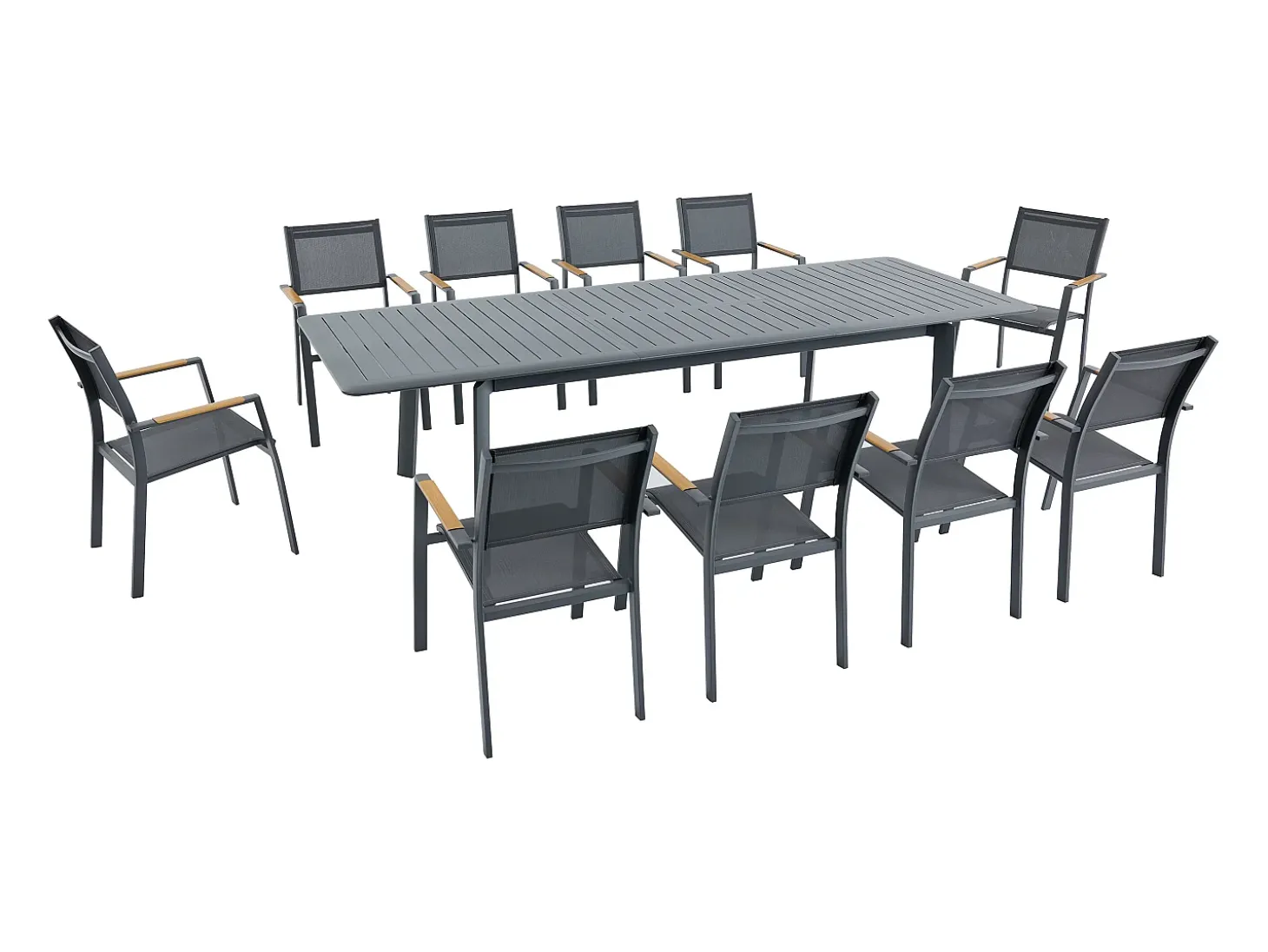 Sala de jantar de jardim em alumínio: mesa extensível C.205/286,5 cm e 10 cadeirões empilháveis - Antracite - MACILA da MYLIA