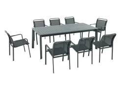 Sala de jantar de jardim em alumínio: uma mesa extensível C.205/286.5 cm e 8 cadeirões empilháveis - Cinzento escuro - VELYRA da MYLIA