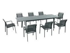 Sala de jantar de jardim em alumínio: uma mesa extensível C.205/286.5 cm e 8 cadeirões empilháveis - Cinzento escuro - VELYRA da MYLIA