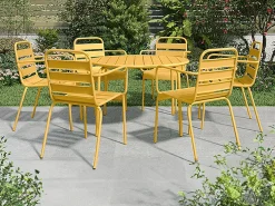 Sala de jantar de jardim em metal - uma mesa redonda D.130cm e 6 cadeiras empilháveis Amarelo mostarda - MIRMANDE da MYLIA