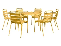 Sala de jantar de jardim em metal - uma mesa redonda D.130cm e 6 cadeiras empilháveis Amarelo mostarda - MIRMANDE da MYLIA