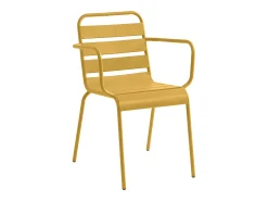 Sala de jantar de jardim em metal - uma mesa redonda D.130cm e 6 cadeiras empilháveis Amarelo mostarda - MIRMANDE da MYLIA