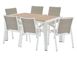 Sala de jantar de jardim em alumínio: uma mesa de L.150 cm e 6 cadeiras empilháveis - Natural claro e branco - LIOUS da MYLIA