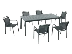 Sala de jantar de jardim em alumínio: uma mesa extensível C.205/286,5 cm e 6 cadeirões empilháveis - Cinzento escuro - VELYRA de MYLIA